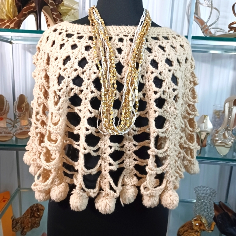 Elegant Crochet Poncho in Cream